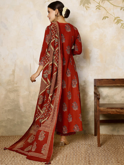 Cotton Calf Length Printed Flared 3/4 Sleeves V Neck Kurta, Bottom With Dupatta
