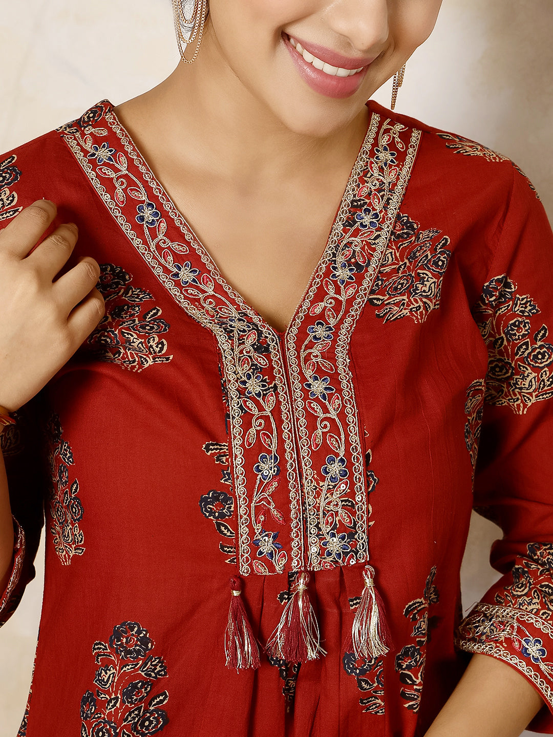 Cotton Calf Length Printed Flared 3/4 Sleeves V Neck Kurta, Bottom With Dupatta