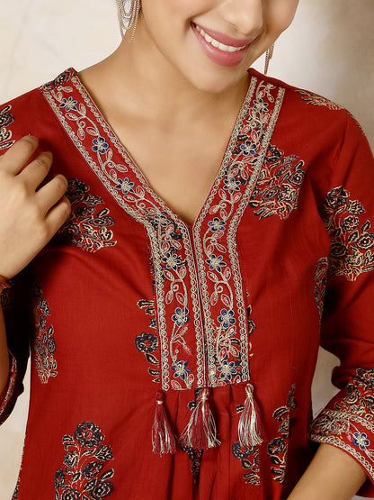 Cotton Calf Length Printed Flared 3/4 Sleeves V Neck Kurta, Bottom With Dupatta