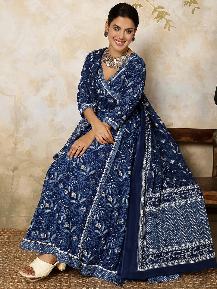 Cotton Calf Length Printed Flared 3/4 Sleeves V Neck Kurta, Bottom With Dupatta