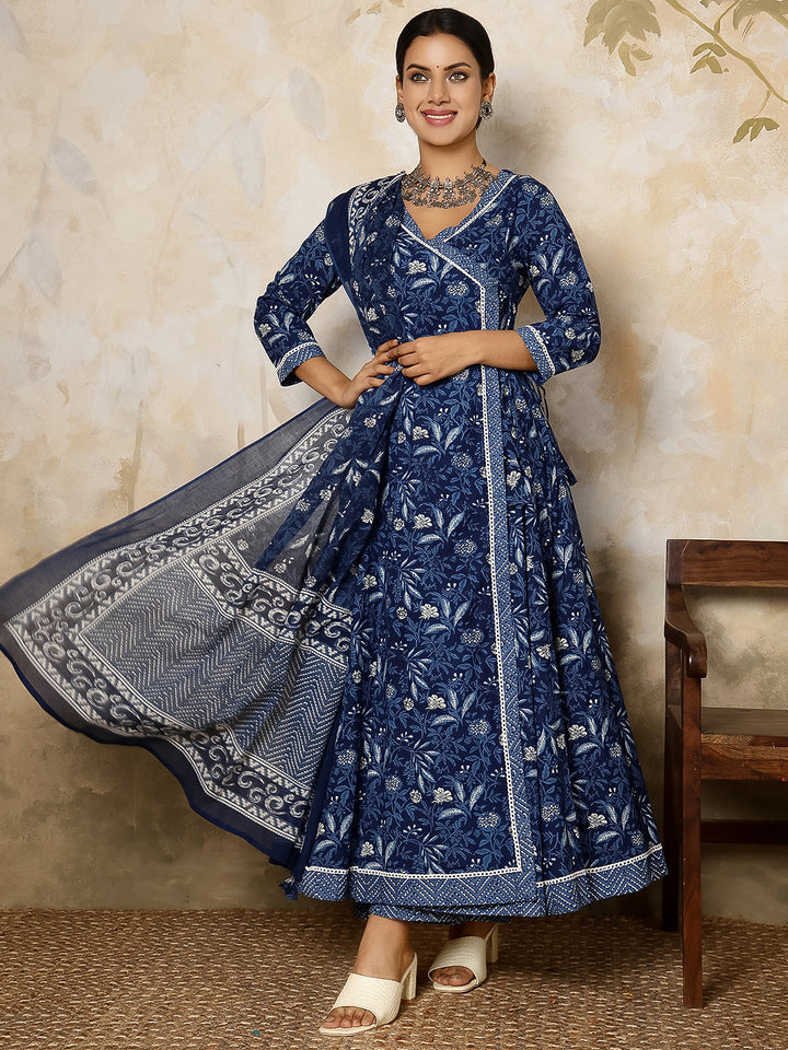 Cotton Calf Length Printed Flared 3/4 Sleeves V Neck Kurta, Bottom With Dupatta