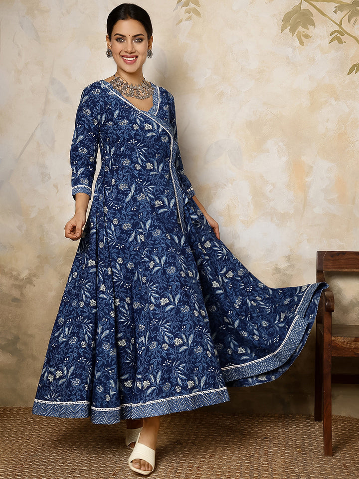 Cotton Calf Length Printed Flared 3/4 Sleeves V Neck Kurta, Bottom With Dupatta