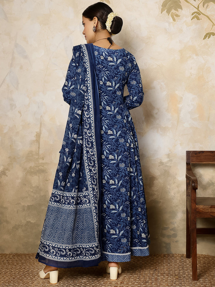 Cotton Calf Length Printed Flared 3/4 Sleeves V Neck Kurta, Bottom With Dupatta
