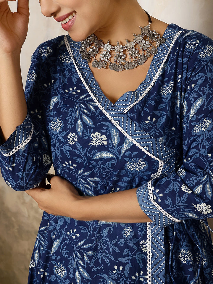 Cotton Calf Length Printed Flared 3/4 Sleeves V Neck Kurta, Bottom With Dupatta