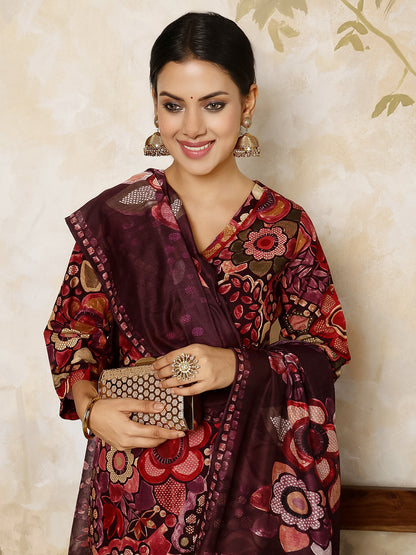Rayon Calf Length Printed Flared 3/4 Sleeves V Neck Kurta, Bottom With Dupatta