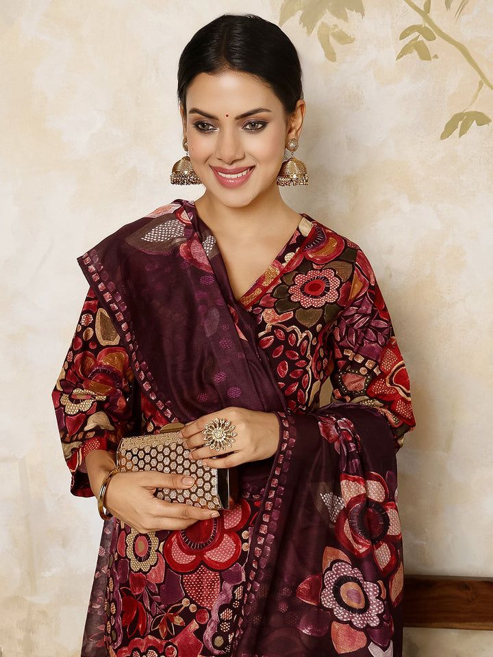 Rayon Calf Length Printed Flared 3/4 Sleeves V Neck Kurta, Bottom With Dupatta