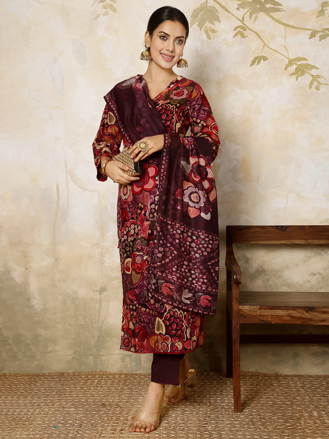 Rayon Calf Length Printed Flared 3/4 Sleeves V Neck Kurta, Bottom With Dupatta
