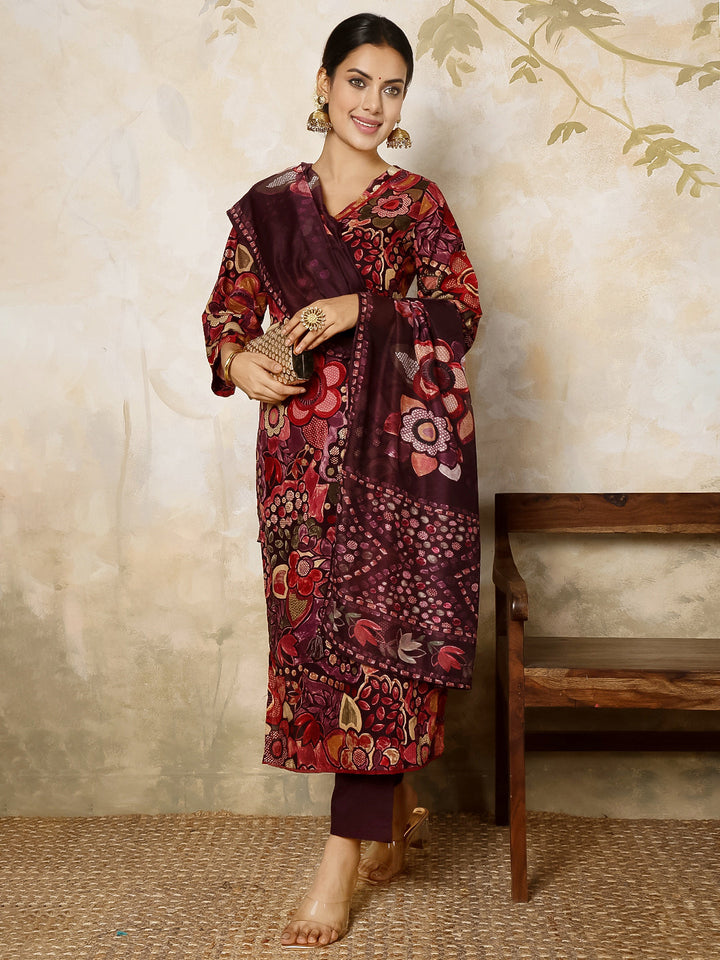 Rayon Calf Length Printed Flared 3/4 Sleeves V Neck Kurta, Bottom With Dupatta