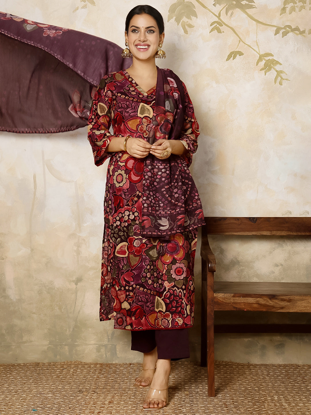 Rayon Calf Length Printed Flared 3/4 Sleeves V Neck Kurta, Bottom With Dupatta