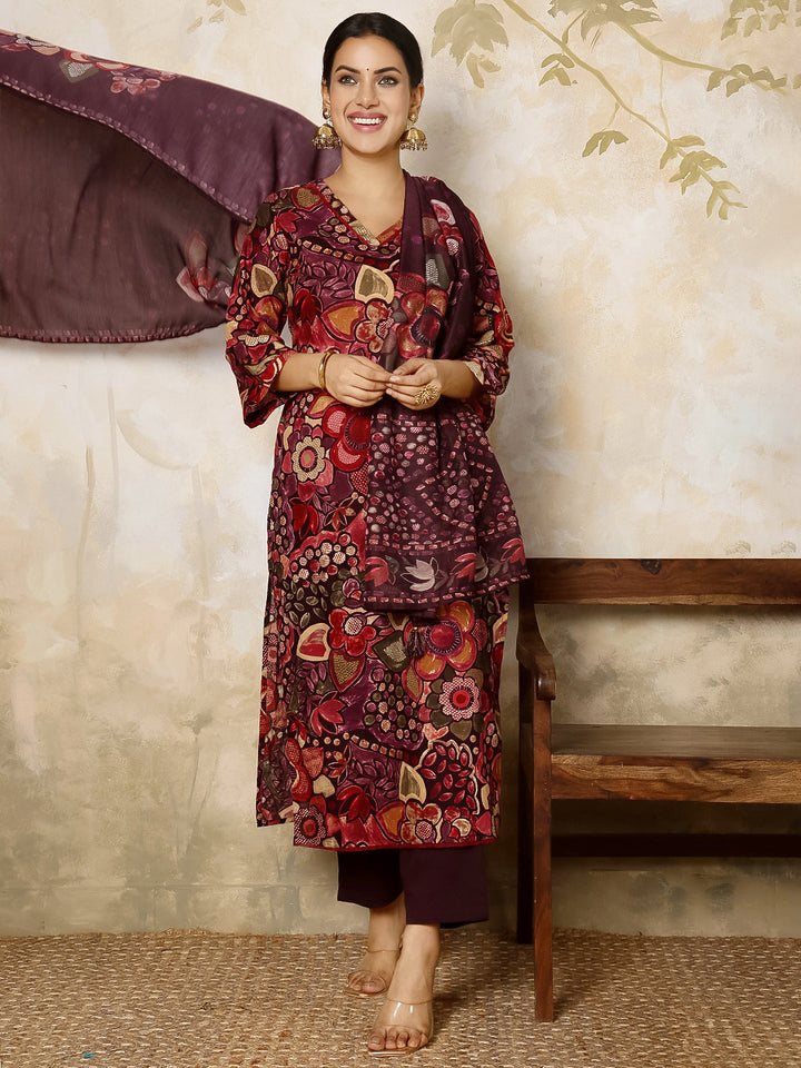 Rayon Calf Length Printed Flared 3/4 Sleeves V Neck Kurta, Bottom With Dupatta
