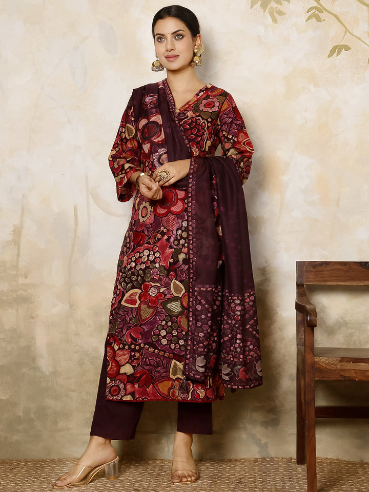 Rayon Calf Length Printed Flared 3/4 Sleeves V Neck Kurta, Bottom With Dupatta