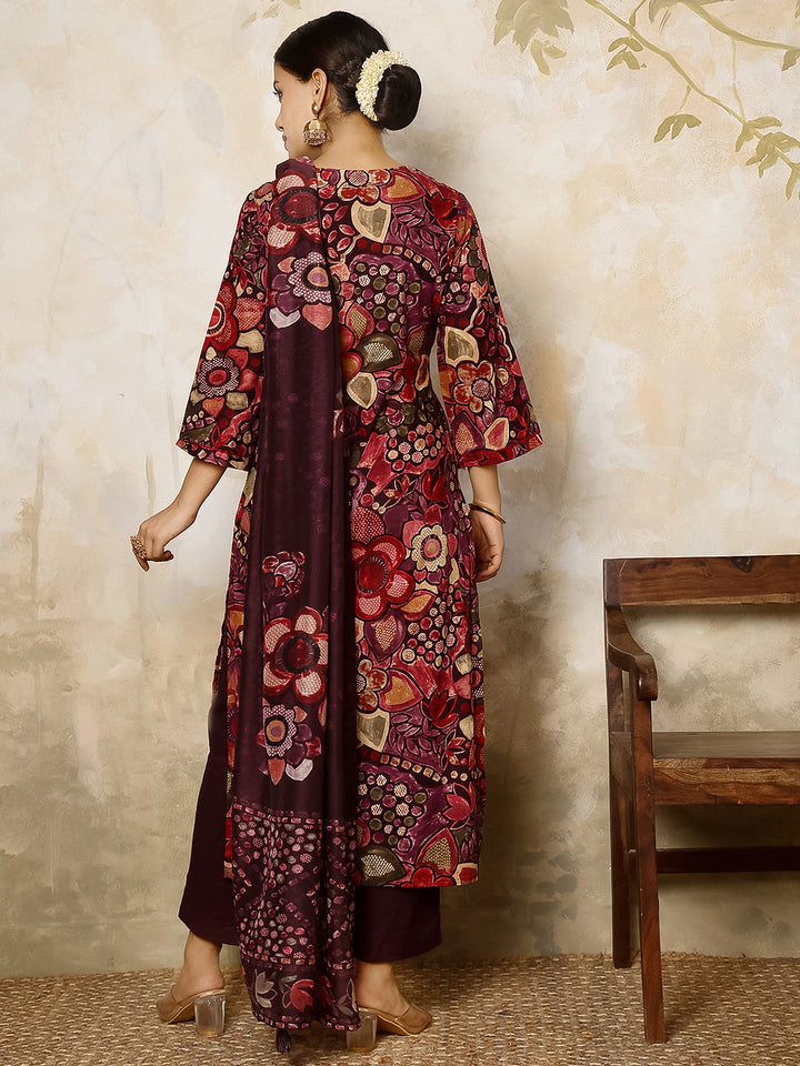 Rayon Calf Length Printed Flared 3/4 Sleeves V Neck Kurta, Bottom With Dupatta