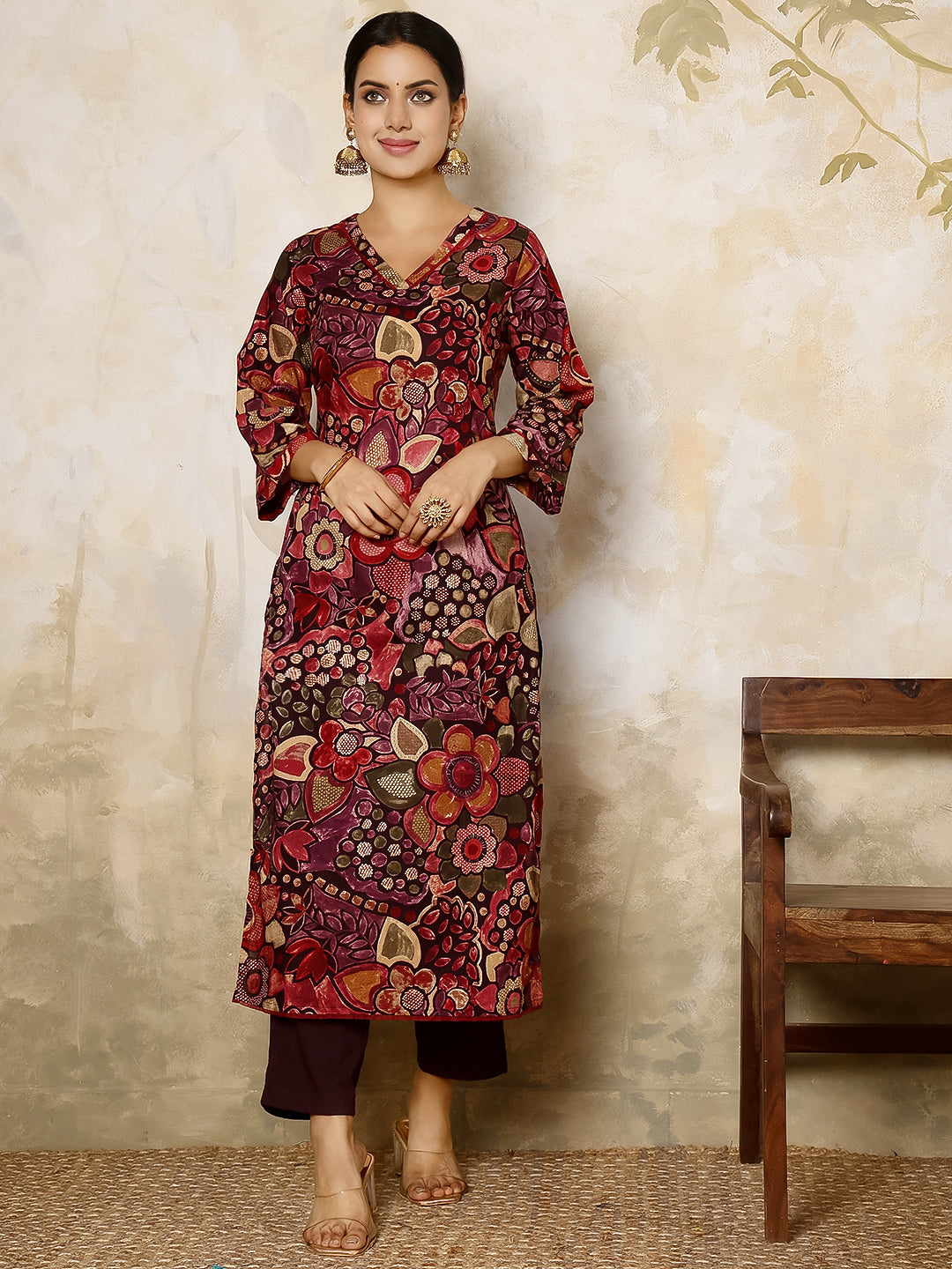 Rayon Calf Length Printed Flared 3/4 Sleeves V Neck Kurta, Bottom With Dupatta