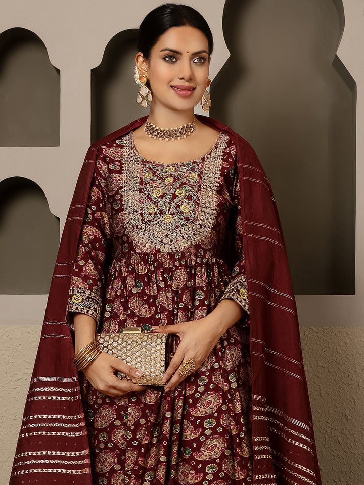 Rayon Calf Length Printed Flared 3/4 Sleeves Round Kurta, Bottom With Dupatta