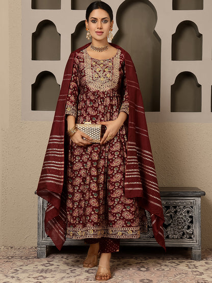 Rayon Calf Length Printed Flared 3/4 Sleeves Round Kurta, Bottom With Dupatta