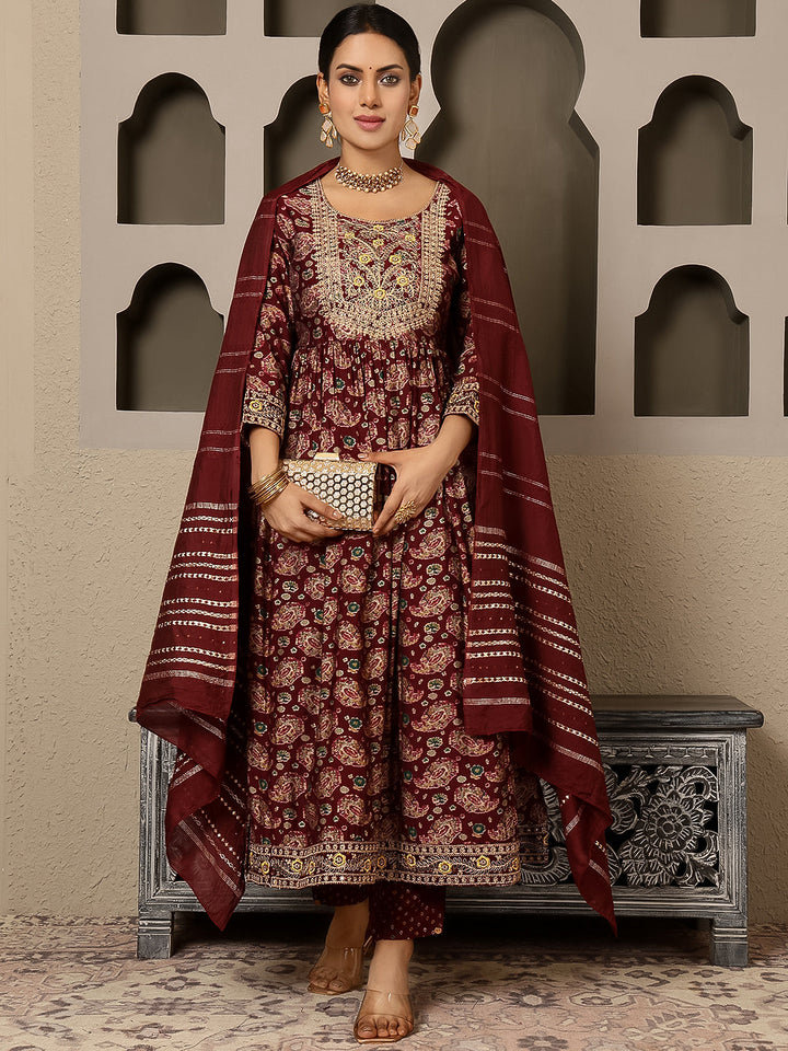 Rayon Calf Length Printed Flared 3/4 Sleeves Round Kurta, Bottom With Dupatta