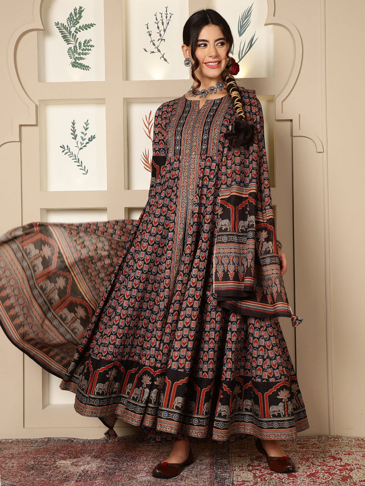 Cotton Calf Length Printed Flared 3/4 Sleeves Round Neck Kurta, Bottom With Dupatta