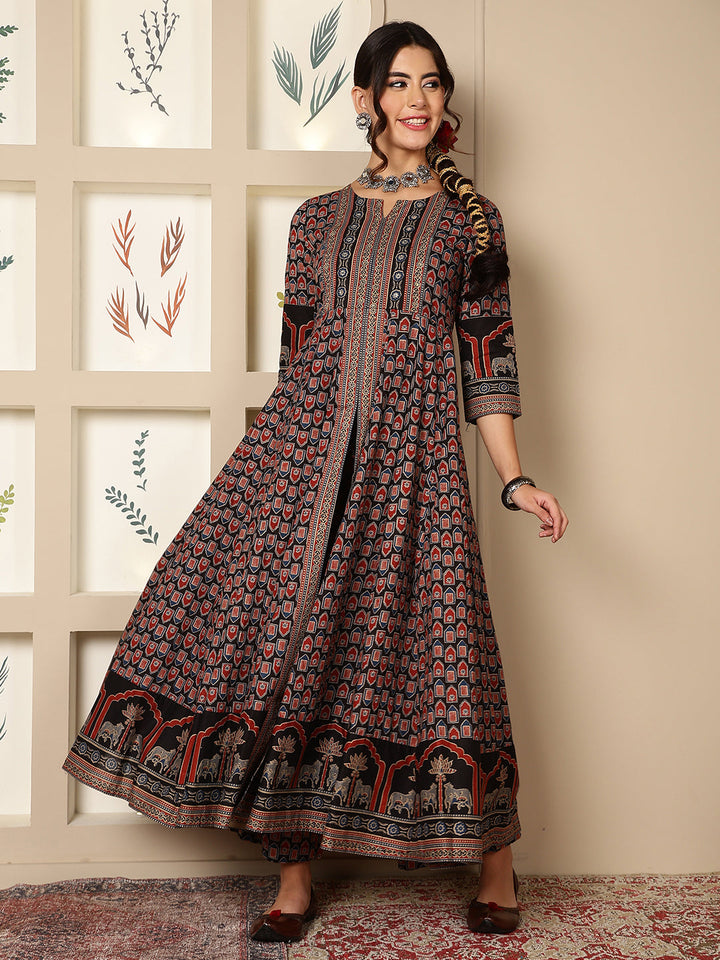 Cotton Calf Length Printed Flared 3/4 Sleeves Round Neck Kurta, Bottom With Dupatta