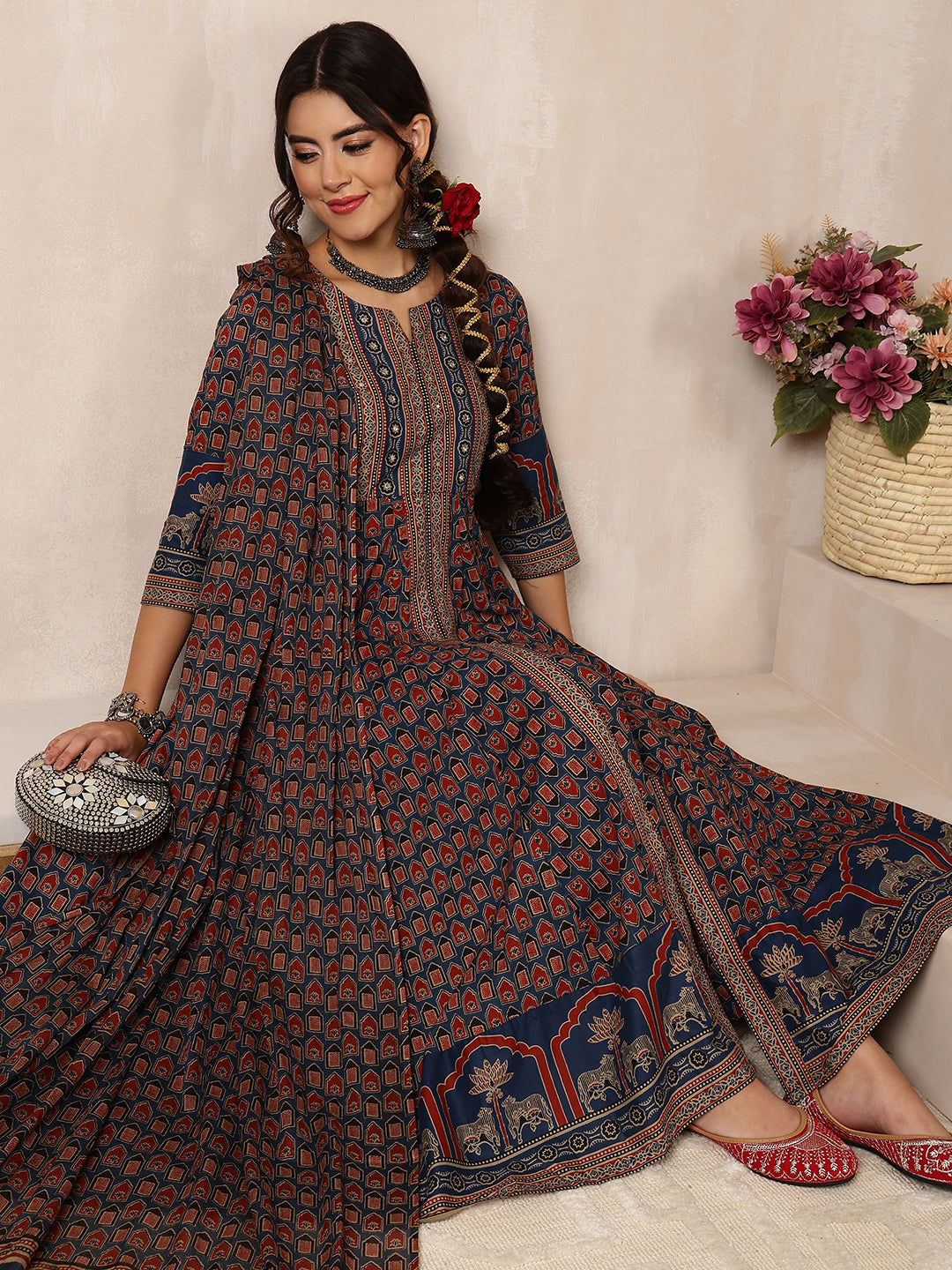 Cotton Calf Length Printed Flared 3/4 Sleeves Round Neck Kurta, Bottom With Dupatta