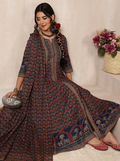 Cotton Calf Length Printed Flared 3/4 Sleeves Round Neck Kurta, Bottom With Dupatta
