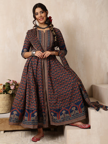 Cotton Calf Length Printed Flared 3/4 Sleeves Round Neck Kurta, Bottom With Dupatta