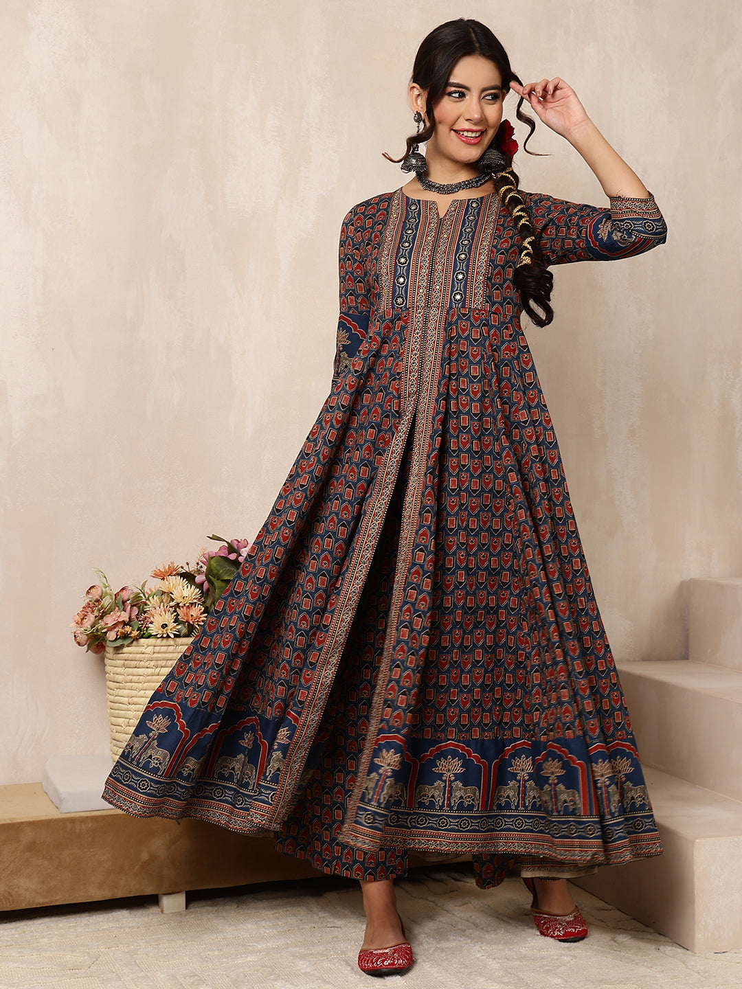 Cotton Calf Length Printed Flared 3/4 Sleeves Round Neck Kurta, Bottom With Dupatta
