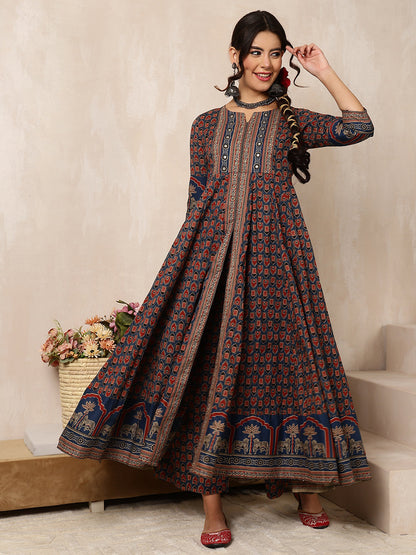 Cotton Calf Length Printed Flared 3/4 Sleeves Round Neck Kurta, Bottom With Dupatta
