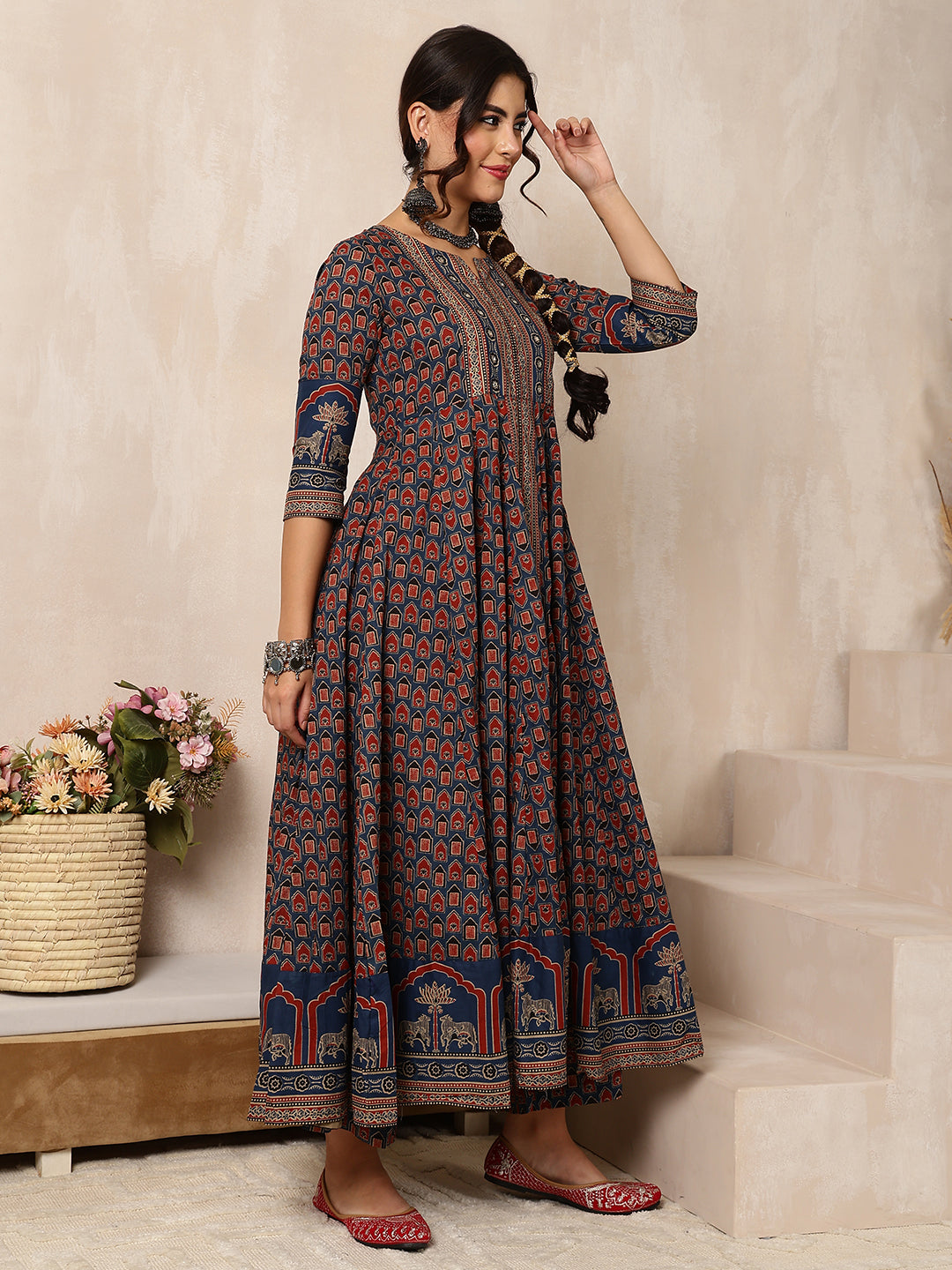 Cotton Calf Length Printed Flared 3/4 Sleeves Round Neck Kurta, Bottom With Dupatta