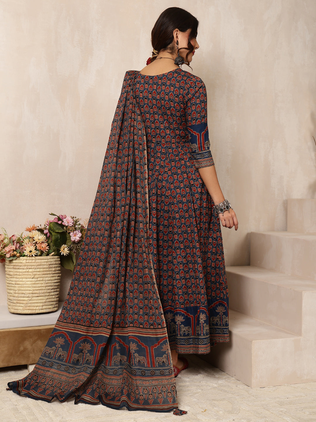 Cotton Calf Length Printed Flared 3/4 Sleeves Round Neck Kurta, Bottom With Dupatta