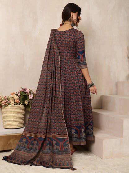 Cotton Calf Length Printed Flared 3/4 Sleeves Round Neck Kurta, Bottom With Dupatta
