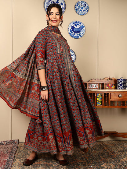 Cotton Calf Length Printed Flared 3/4 Sleeves Round Neck Kurta, Bottom With Dupatta