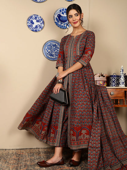 Cotton Calf Length Printed Flared 3/4 Sleeves Round Neck Kurta, Bottom With Dupatta