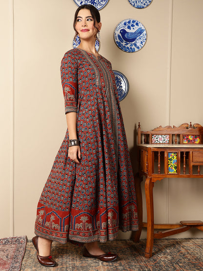 Cotton Calf Length Printed Flared 3/4 Sleeves Round Neck Kurta, Bottom With Dupatta