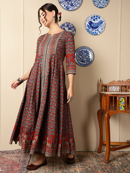 Cotton Calf Length Printed Flared 3/4 Sleeves Round Neck Kurta, Bottom With Dupatta