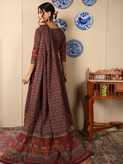 Cotton Calf Length Printed Flared 3/4 Sleeves Round Neck Kurta, Bottom With Dupatta