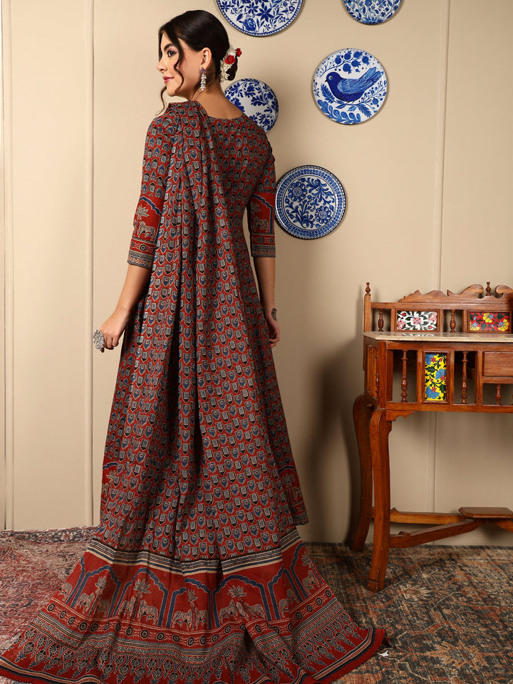 Cotton Calf Length Printed Flared 3/4 Sleeves Round Neck Kurta, Bottom With Dupatta