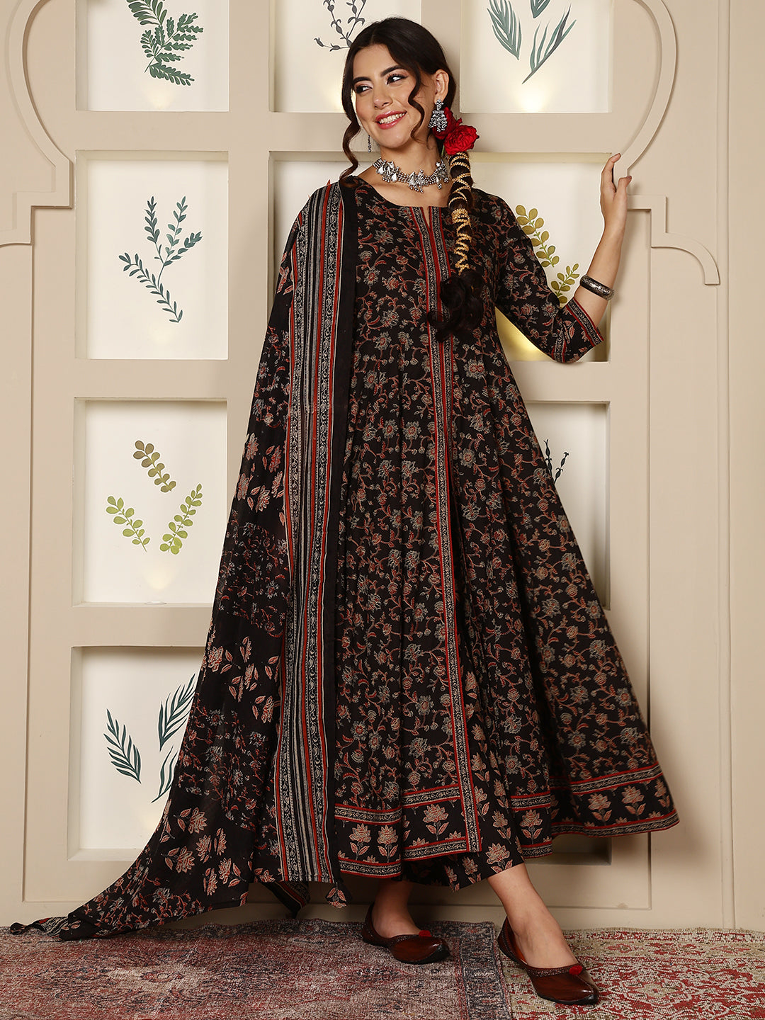 Cotton Calf Length Printed Flared 3/4 Sleeves Round Neck Kurta, Bottom With Dupatta