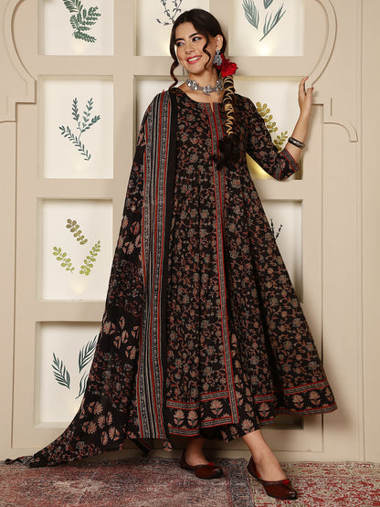 Cotton Calf Length Printed Flared 3/4 Sleeves Round Neck Kurta, Bottom With Dupatta