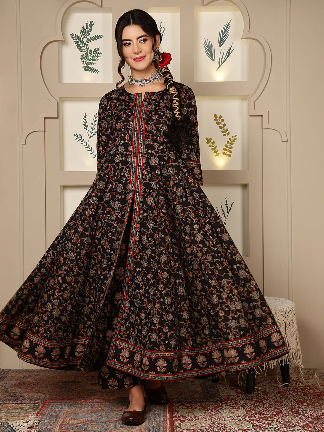 Cotton Calf Length Printed Flared 3/4 Sleeves Round Neck Kurta, Bottom With Dupatta