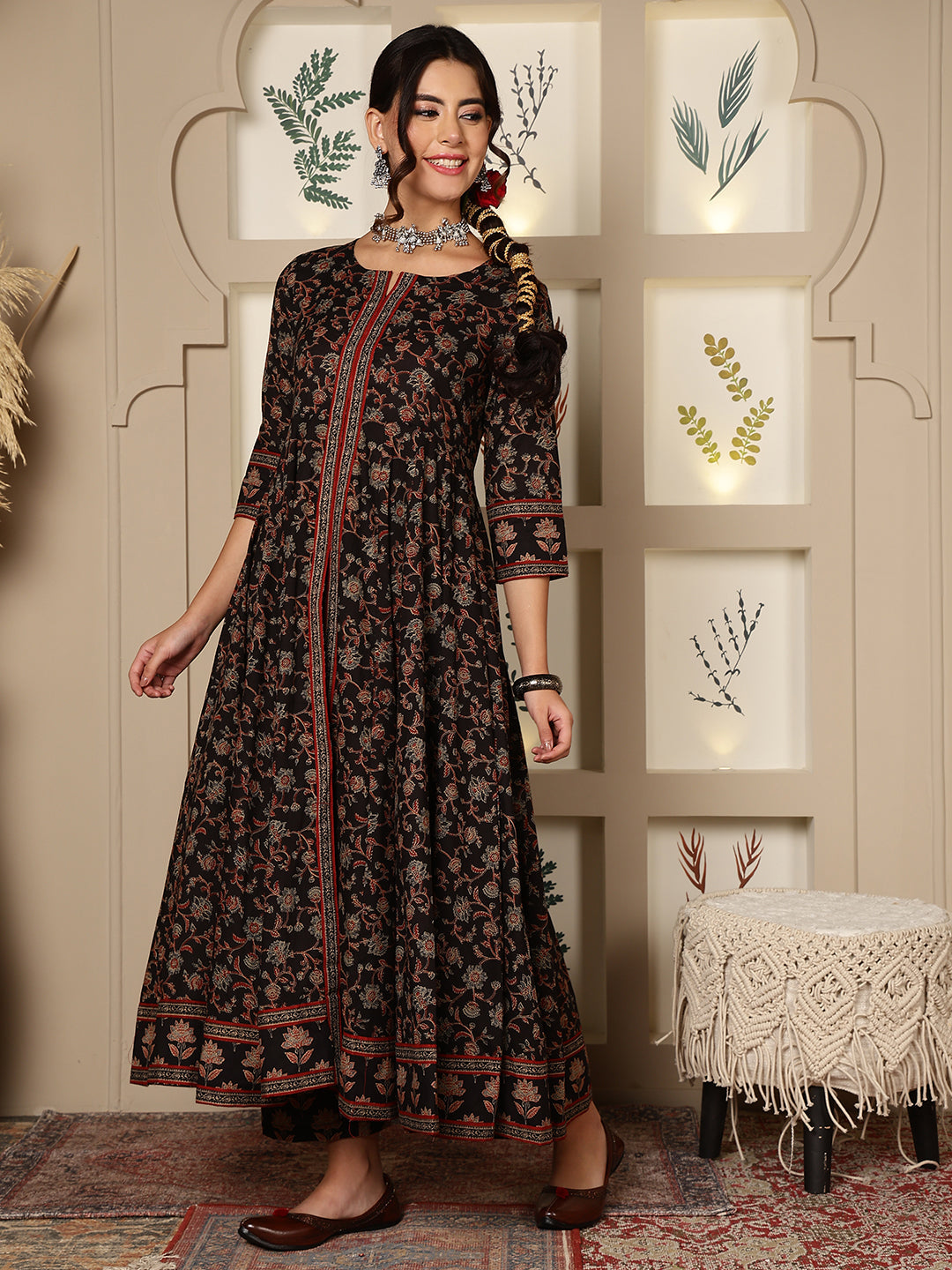 Cotton Calf Length Printed Flared 3/4 Sleeves Round Neck Kurta, Bottom With Dupatta