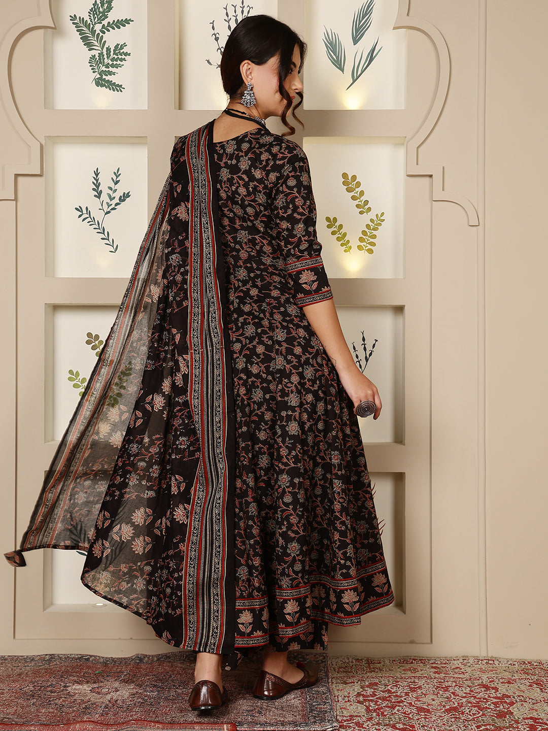 Cotton Calf Length Printed Flared 3/4 Sleeves Round Neck Kurta, Bottom With Dupatta