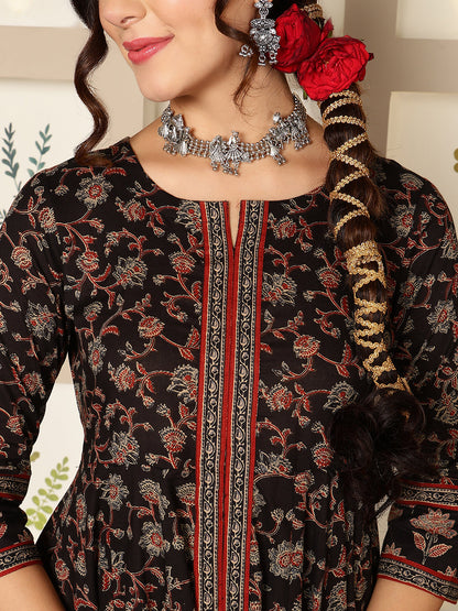 Cotton Calf Length Printed Flared 3/4 Sleeves Round Neck Kurta, Bottom With Dupatta