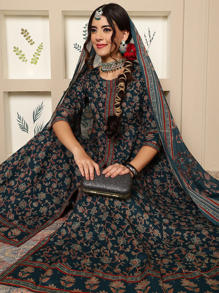 Cotton Calf Length Printed Flared 3/4 Sleeves Round Neck Kurta, Bottom With Dupatta