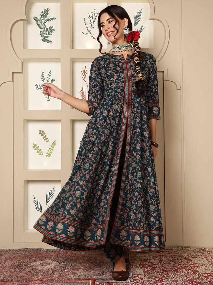 Cotton Calf Length Printed Flared 3/4 Sleeves Round Neck Kurta, Bottom With Dupatta