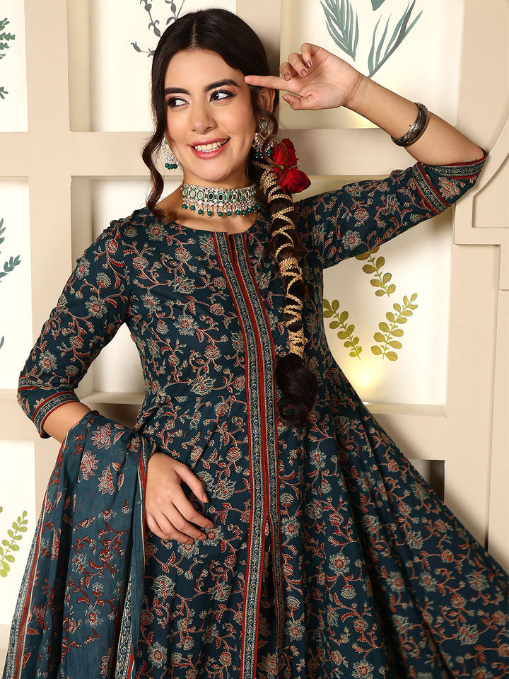 Cotton Calf Length Printed Flared 3/4 Sleeves Round Neck Kurta, Bottom With Dupatta