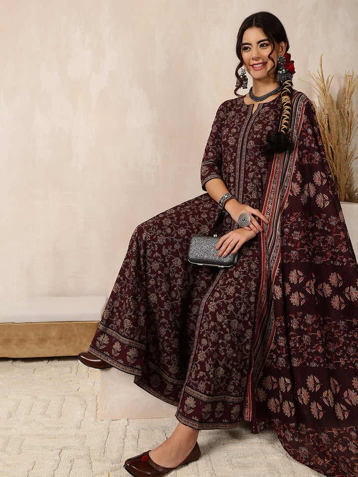 Cotton Calf Length Printed Flared 3/4 Sleeves Round Neck Kurta, Bottom With Dupatta