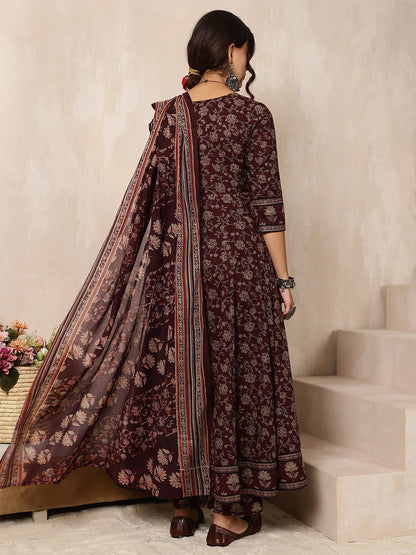 Cotton Calf Length Printed Flared 3/4 Sleeves Round Neck Kurta, Bottom With Dupatta
