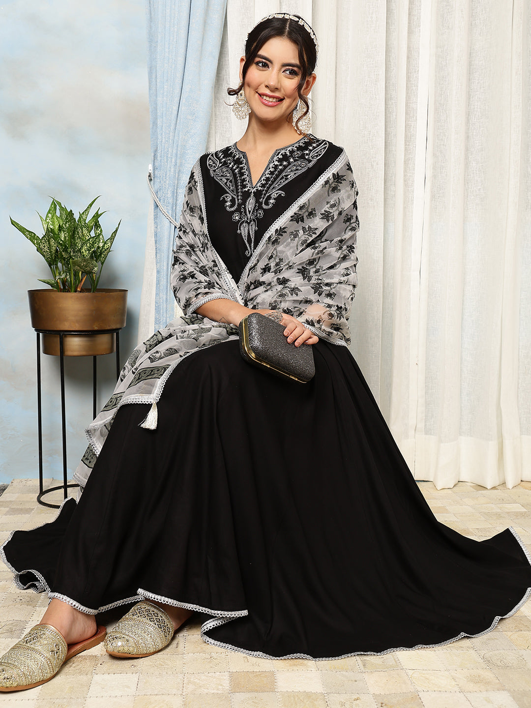 Rayon Calf Length Solid Flared 3/4 Sleeves V-Neck Kurta, Bottom With Dupatta