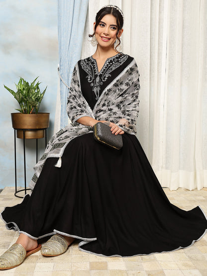 Rayon Calf Length Solid Flared 3/4 Sleeves V-Neck Kurta, Bottom With Dupatta