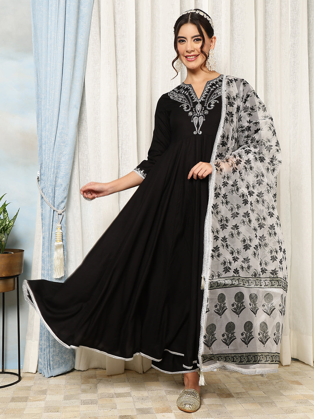 Rayon Calf Length Solid Flared 3/4 Sleeves V-Neck Kurta, Bottom With Dupatta